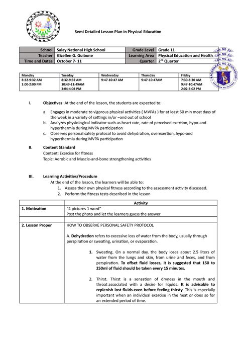 semi detailed lesson plan in pe|Semi.